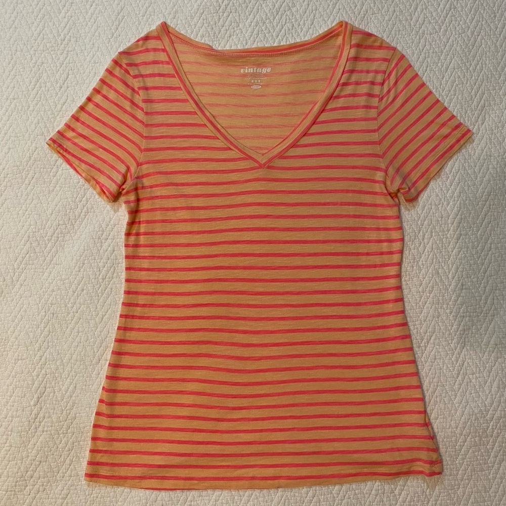 Women's Striped V-Neck Top - Pink and Orange